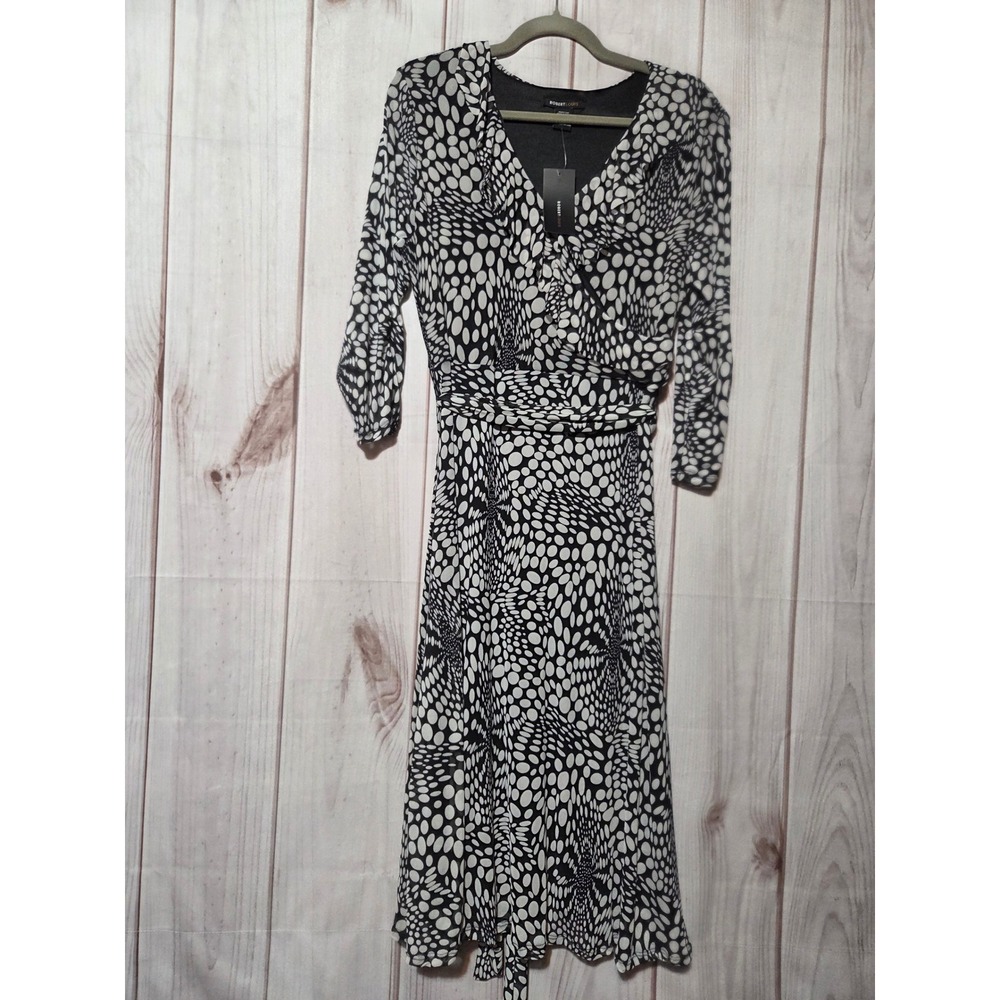 Robert Louis Womens Black White Polka Dot Faux Mesh Wrap Midi Dress Size L NWT